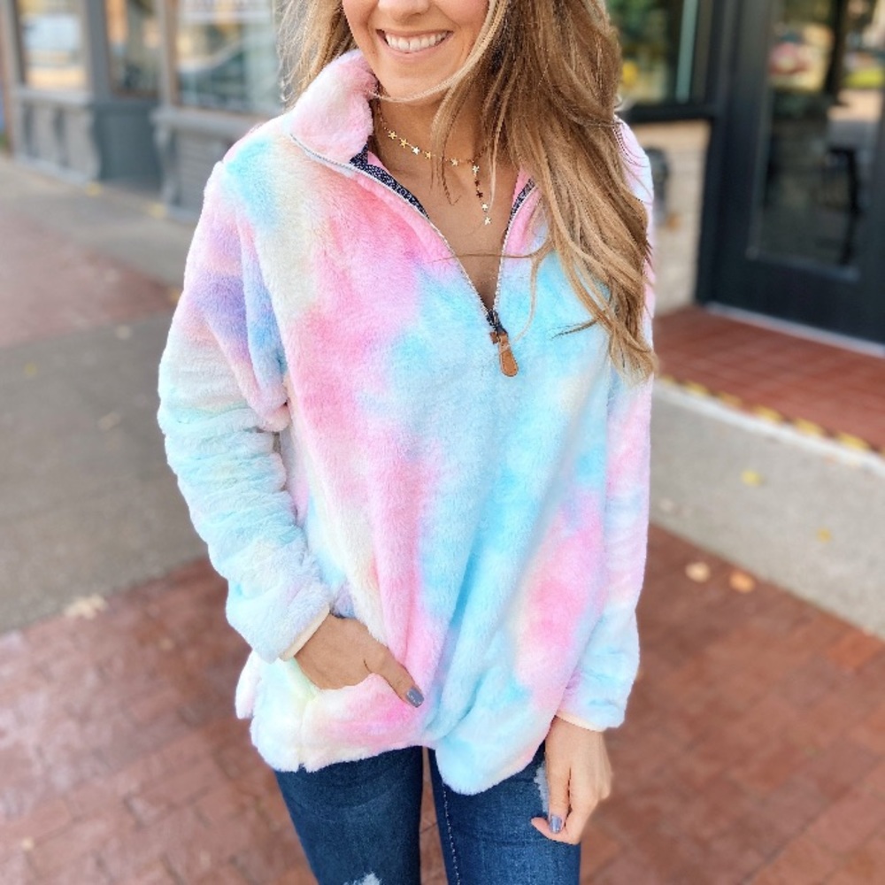Pulse Boutique Quarter Zip Tie Dye Faux Fur Sherpa - Pastel Multi